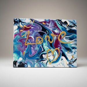 Original "LOVE" Fluid Art Painting - 9x12 Abstract Blue/Gold Hand Painted